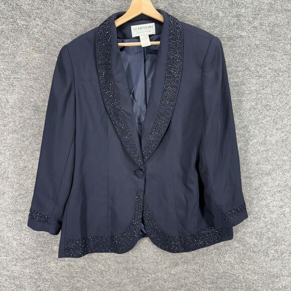 St. Anthony Blazer Women 20W Plus Blue One Button Long Sleeve Collared Lined - Picture 1 of 6